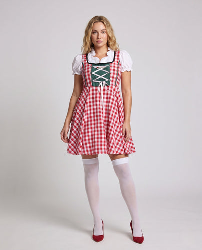 Damen Traditionskleid mit Karomuster und Rüschendetails Drune