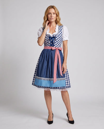 Damen traditionelles Dirndl-Kleid mit Karomuster und kombinierten Spitzenakzenten Drune