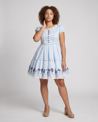 Damen Vintage Kleid mit Rüschensaum und Knopfdetails Drune