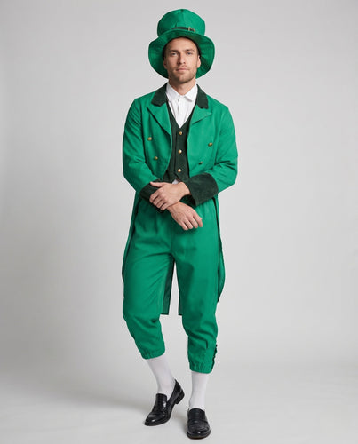 Herren elegantes Leprechaun-Kostüm mit fröhlichem Hut und detaillierter Drune-Jacke Drune