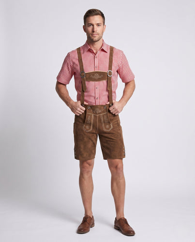 Herren Trachten-Lederhose mit kunstvollen Stickereien und verstellbaren Trägern Drune