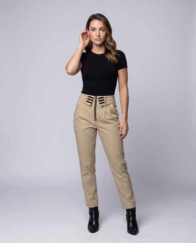Damen elegante Anzughose mit dekorativer Knopfleiste und hohem Bund Drune