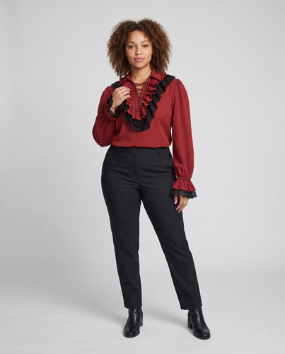Damen Elegante Rüschenshirt mit Spitzenbesatz und Schnürung Drune