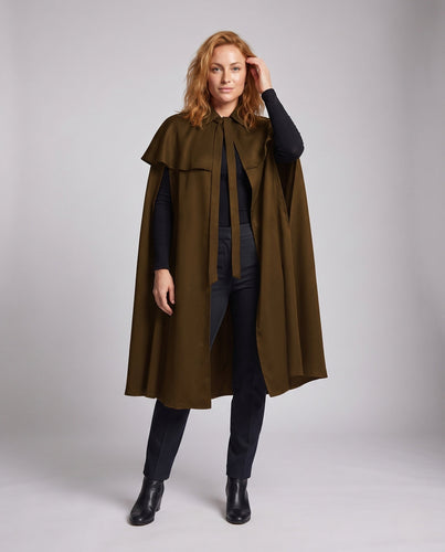 Damen Eleganter Cape-Mantel mit Bindegürtel und kurzer Schnit Drune