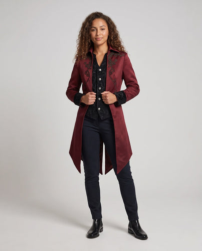 Damen eleganter Gothic-Mantel mit kunstvollen Verzierungen und asymmetrischem Saum Drune