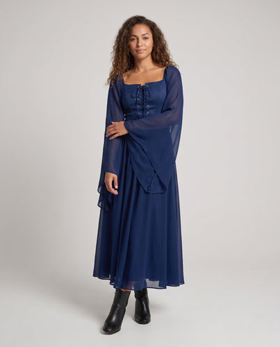 Damen Elegantes historisches Kleid mit weit ausgestellten Ärmeln und Schnürung Drune