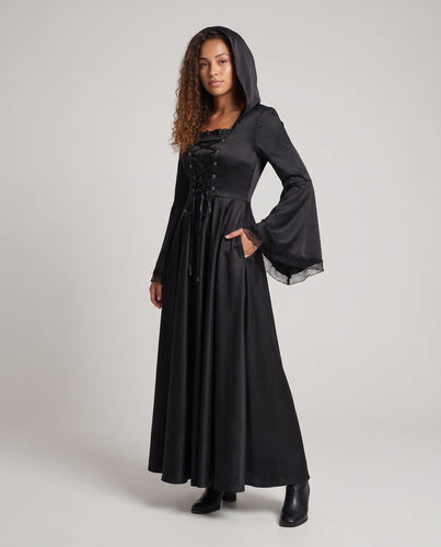 Damen Elegantes Kapuzenkleid mit weiterem Ärmel und Schnürung Drune