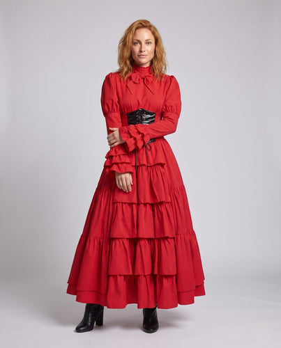 Damen Elegantes Rüschenkleid mit hohem Kragen und Schnürdetails Drune