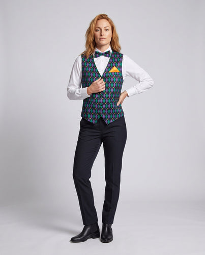 Damen festliche Weste mit buntem Karomuster und passenden Accessoires Drune