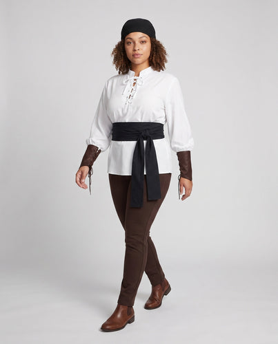 Damen Historisches Blusenshirt mit Taillengürtel und dekorativen Schnürdetails Drune