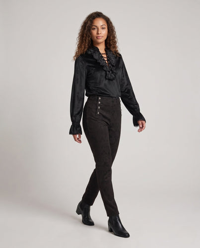 Damen Historisches Rüschenshirt mit Knopfleiste und Elegante Hose Drune