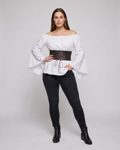 Damen Off-Shoulder Bluse mit weitem Ärmel und stylischem Taillengürtel Drune