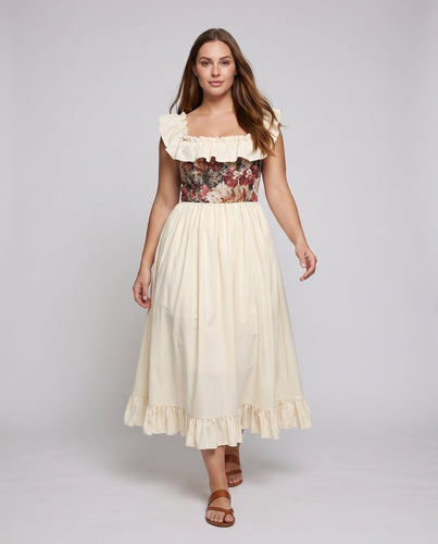 Damen Romantisches Maxikleid mit schickem Rüschensaum und floralem Oberteil Drune