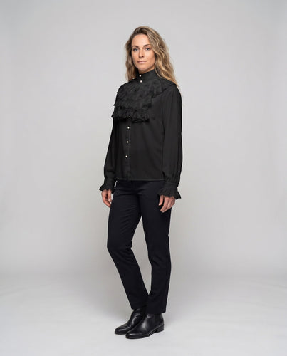 Damen Rüschenbluse mit hochgeschlossenem Kragen und eleganten Puffärmeln Drune