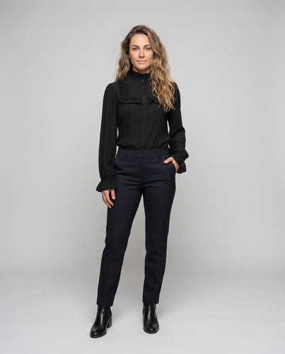 Damen Rüschenbluse mit Stehkragen und langen Ärmeln Drune