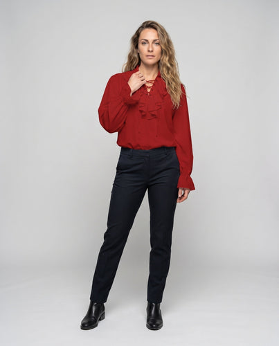 Damen Rüschenbluse mit Taillengürtel und weiten Ärmeln Drune