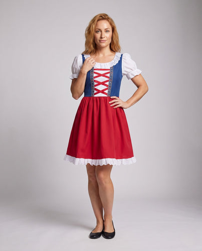 Damen traditionelles Dirndl mit Rüschendetails und kariertem Schürzenstoff Drune