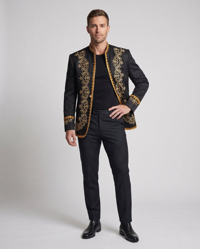 Herren eleganter Brokatblazer mit aufwendiger goldener Stickerei Drune