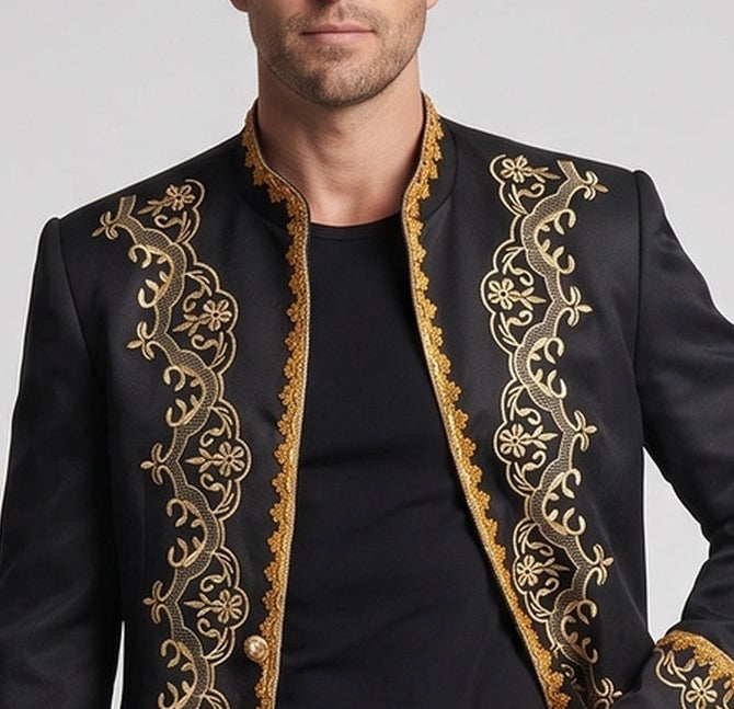 Herren eleganter Brokatblazer mit aufwendiger goldener Stickerei Drune