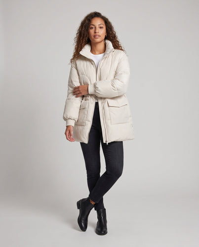 Damen feminine A-Linien gesteppter Parka mit verstellbarem Kordelzug, hohem Stehkragen und großen Klappentaschen