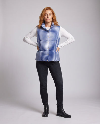 Damen gesteppte Weste mit Karomuster, hohem Stehkragen, Oversized-Schnitt und Druckknopfblende