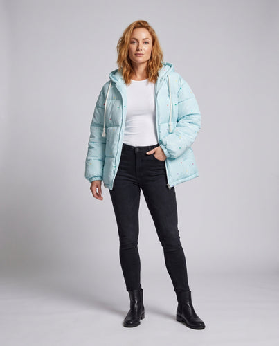 Damen nicht gesteppte oversized Pufferjacke mit bunten Punkt-Applikationen und Kapuze
