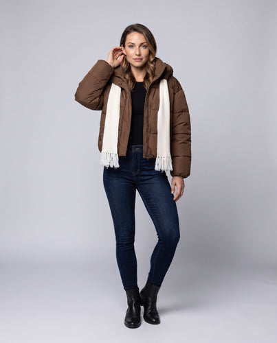 Damen kompakte gesteppte Jacke mit überlappendem Schal-Kragen und voluminösen Ärmeln