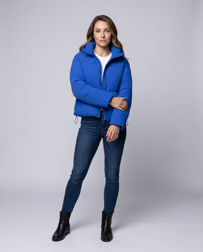 Damen Nano-Kompakt-Thermo-Cropped-Puffer-Jacke mit matter Oberfläche, Kapuze und verdecktem Zwei-Wege-Reißverschluss