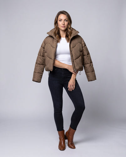 Damen kurze gesteppte Pufferjacke mit hohem Stehkragen, Hahnentrittmuster und Kordelzugsaum