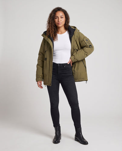 Damen Nan Kurz Oversized Gepolsterte Kapuzenjacke mit Arm-Tasche, Winddichte Membran und Reißverschluss-Taschen