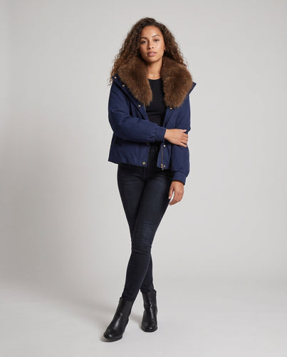 Damen kurze gestepfte Jacke mit voluminösem Pelzkragen, Reißverschluss-Brusttasche und elastischen Bündchen