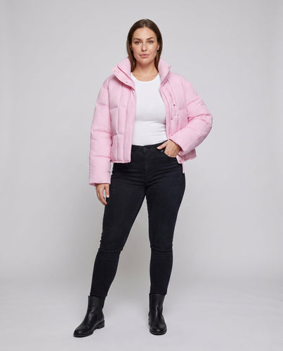 Damen kurze gepolsterte boxy gesteppte Jacke mit hohem Stehkragen, verdecktem Zwei-Wege-Reißverschluss und praktischen Seiten Taschen