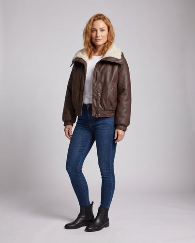 Damen kurze Bomberjacke mit Teddykragen und wärmendem thermischem Futter
