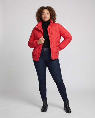Damen kurze gesteppte Thermojacke mit geometrischer Steppung, hohem Kragen und verstellbarem Saum