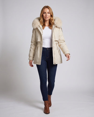 Damen kurze thermische Parka mit abnehmbarer Kapuze, verstellbarem Kordelzug in der Taille und verdeckten Druckknöpfen