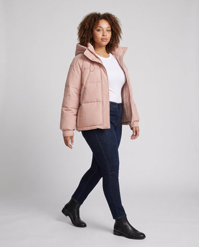 Damen kurze gepolsterte Kapuzenjacke mit Kordelzug, verdecktem Reißverschluss und elastischen Bündchen