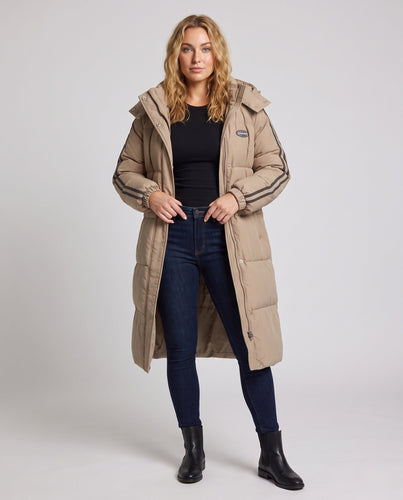 Damen nan längerer steppthermocoat mit hohem Stehkragen, Sportstreifen und integrierter Brusttasche