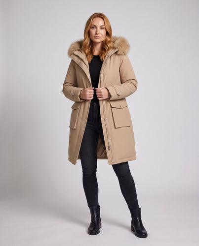 Damen lange gepolsterte Winterparka mit abnehmbarem Pelzbesatz und Taillengürtel