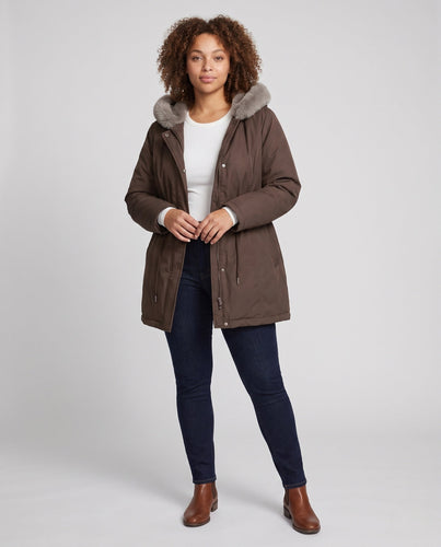 Damen knielange Thermoparkas mit abnehmbarem Teddyhood, Kordelzug in der Taille und verdeckter Frontklappe