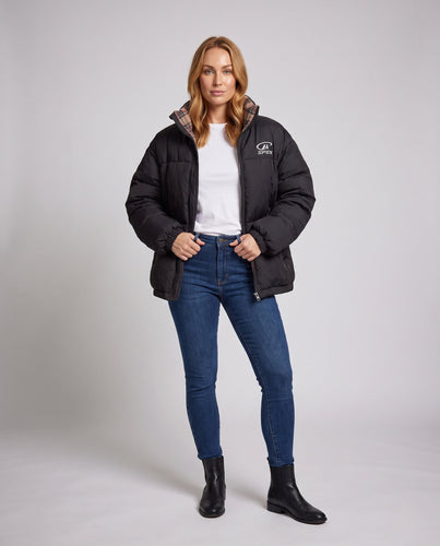 Damen übergroße gepolsterte kurze Daunenjacke mit hochstehendem Kragen und praktischen Seitentaschen