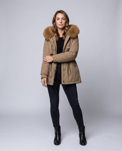 Damen maßgeschneiderter Parka mit voluminösem Faux-Fur-Kragen, Kordelzugtaille und verdeckter Windblende