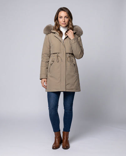 Damen Nan Thermo Parka mit voluminösem Kunstfellkragen, taillierendem Kordelzug und verdecktem Reißverschluss