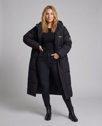 Damen Nano Ultra Lang Oversized Steppmantel mit geräuschreduzierendem Außenmaterial und Thermofüllung