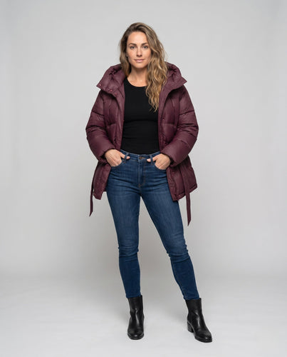 Damen gepolsterte oversized Parka mit Bindegürtel und hohem Kragen