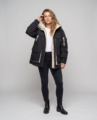 Damen Oversized Parka mit abnehmbarer gesteppter Innenweste, hohem Kragen und großen Klappentaschen