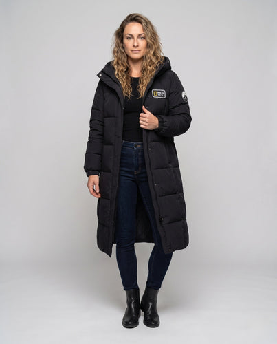 Unisex nan extra langer urbaner Puffer-Mantel mit übergroßer Kapuze, Logo-Patches und winddichtem thermischem Futter