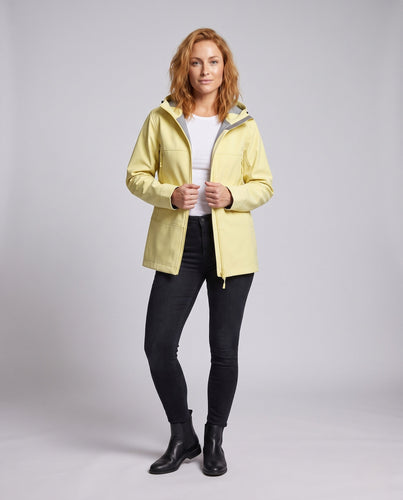 Damen leichte Softshell-Regenjacke mit verstellbarer Kapuze und Reißverschlusstaschen