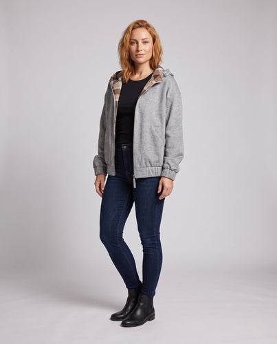 Damen Oversized Hoodie-Jacke mit Karo-Innenfutter in der Kapuze, elastischem Saum und verdeckten Seitentaschen