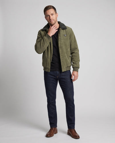 Herren gepolsterte Cordjacke mit Teddy-Innenfutter, Stehkragen und verdecktem Reißverschluss