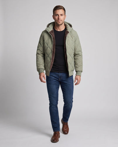 Herren gesteppte Kapuzenjacke mit dickem Teddyfutter, Diamantsteppung und winddichter Außenmembran